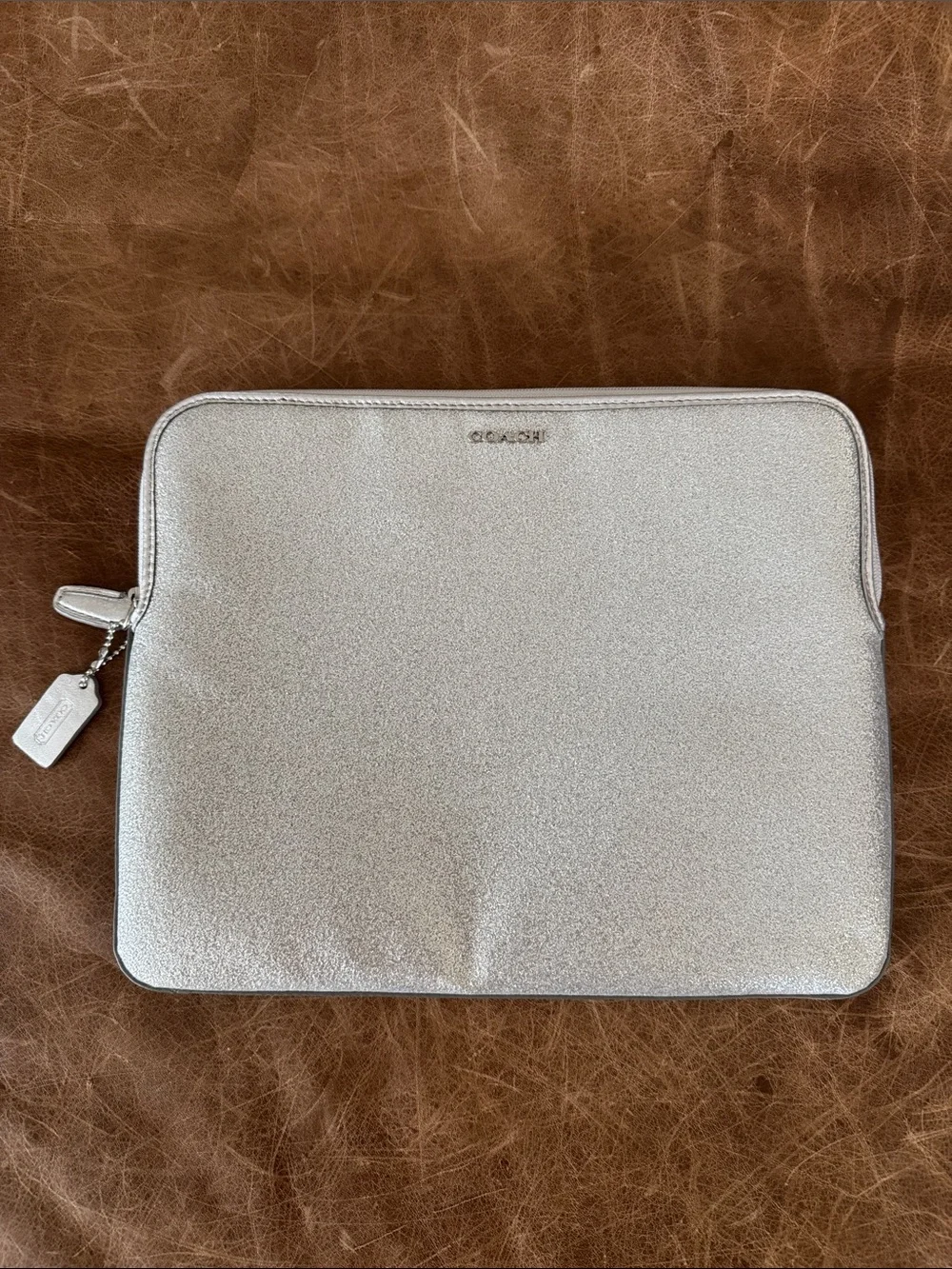 Coach Metallic Silver Tablet Sleeve with Zip Charm